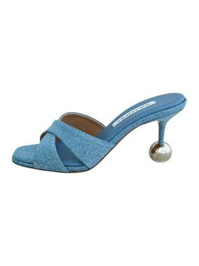 NWT Authentic Aquazzura Darling Mule 75 Open Toe Heels Sandals in Blue Denim